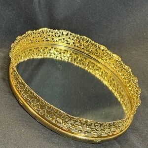 Vintage Gold Filigree Oval Mirror Vanity Tray 13.5" x 8.25" x 1.5"